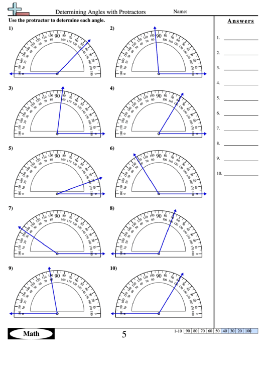 Determining Angles With Protractors - Geometry Worksheet With Answers Printable pdf