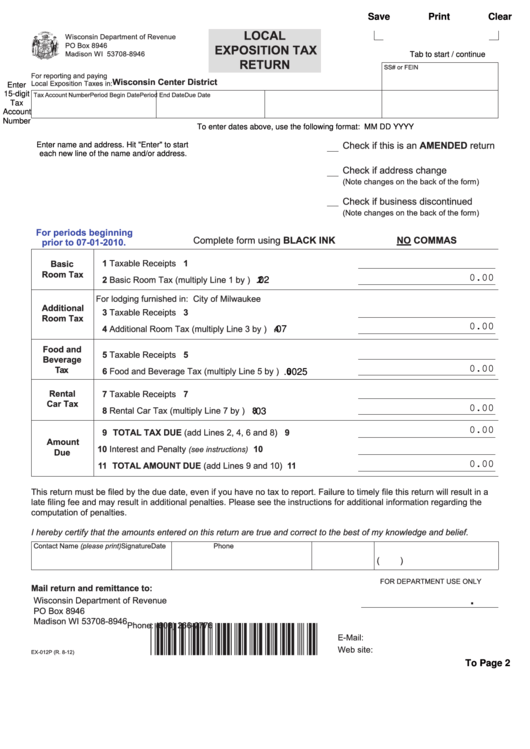 Fillable Form Ex-012p - Local Exposition Tax Return - Wisconsin Department Of Revenue Printable pdf