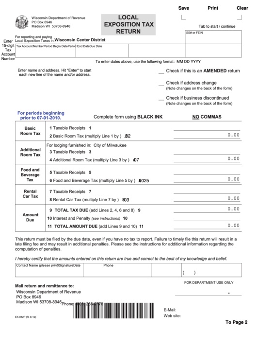 Fillable Form Ex 012p Local Exposition Tax Return Wisconsin Department Of Revenue Printable