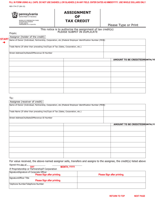 Form Rev-774 Ct - Assignment Of Tax Credit Printable pdf