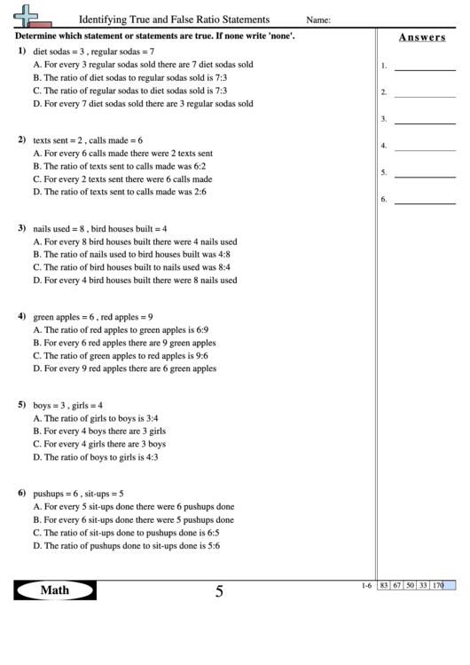 Identifying True And False Ration Statements - Ratios Worksheet With Answers Printable pdf