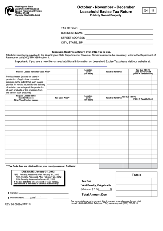 Form Rev 86 0058e - Leasehold Excise Tax Return Printable pdf