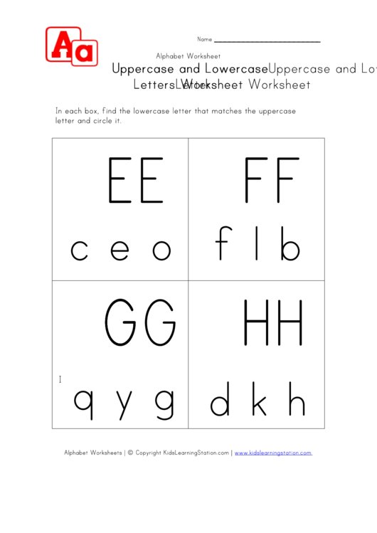 Matching Uppercase And Lowercase Letters Worksheet - E To H - In Boxes Printable pdf