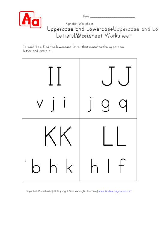 Matching Uppercase And Lowercase Letters Worksheet - I To L - In Boxes Printable pdf