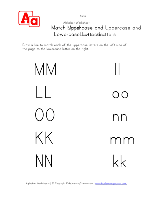Matching Uppercase And Lowercase Letters Worksheet - K, L, M, N And O - From Left Side To Right Side Printable pdf