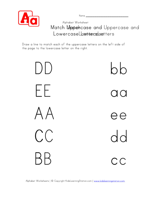 Matching Uppercase And Lowercase Letters Worksheet - A, B, C And D - From Left Side To Right Side Printable pdf