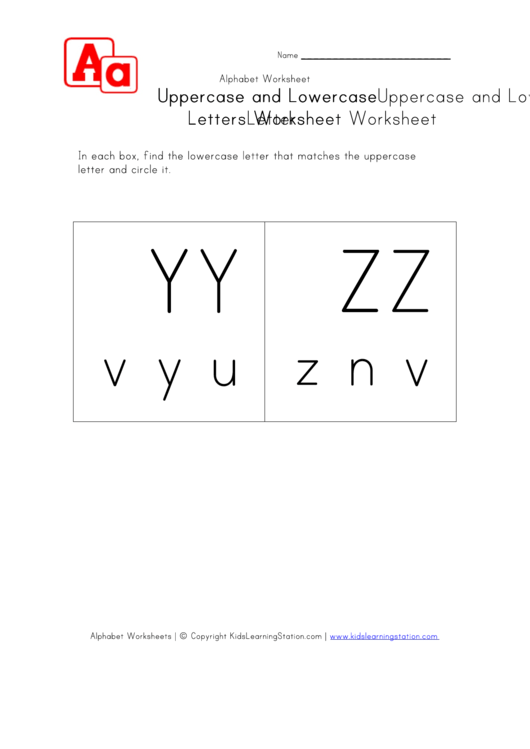 Matching Uppercase And Lowercase Letters Worksheet - Y And Z - In Boxes Printable pdf