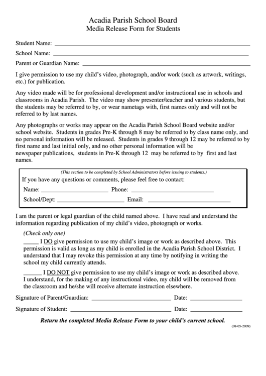 Media Release Form For Students - Acadia Parish School Board Printable pdf