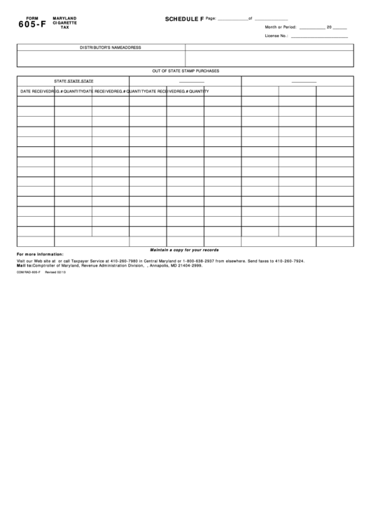 Fillable Form 605-F (Schedule F) - Maryland Cigarette Tax Printable pdf