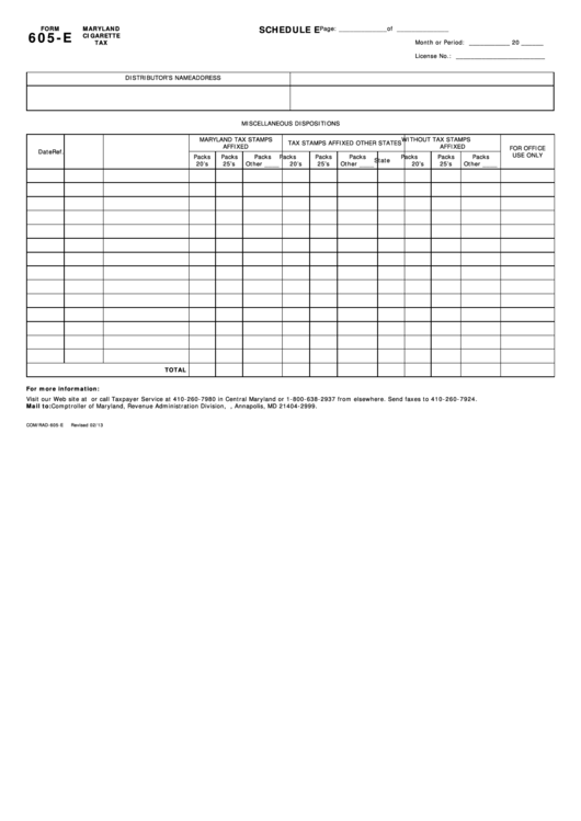 Fillable Form 605-E (Schedule E) - Maryland Cigarette Tax Printable pdf