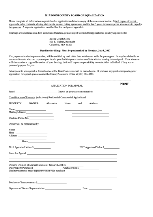 Fillable Application For Appeal - Boone County Board Of Equalization - 2016 Printable pdf