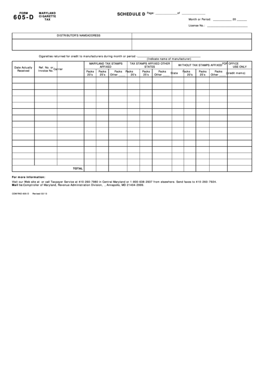 Fillable Form 605-D (Schedule D) - Maryland Cigarette Tax Printable pdf