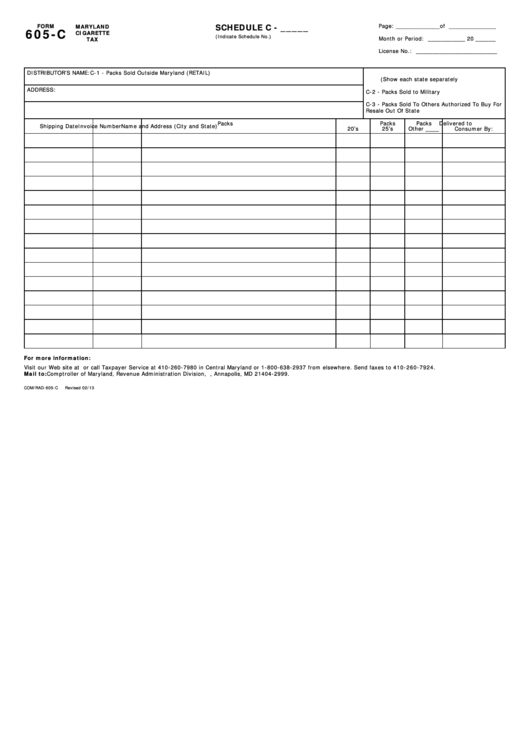 Fillable Form 605-C (Schedule C) - Maryland Cigarette Tax Printable pdf