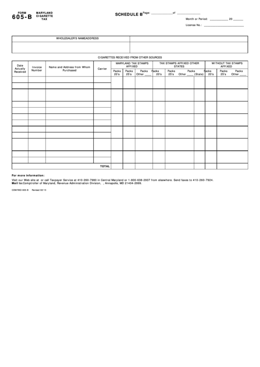 Fillable Form 605-B (Schedule B) - Maryland Cigarette Tax Printable pdf