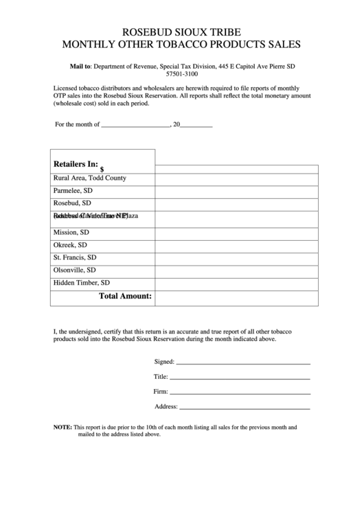 Rosebud Sioux Tribe Monthly Other Tobacco Products Sales Form Printable pdf