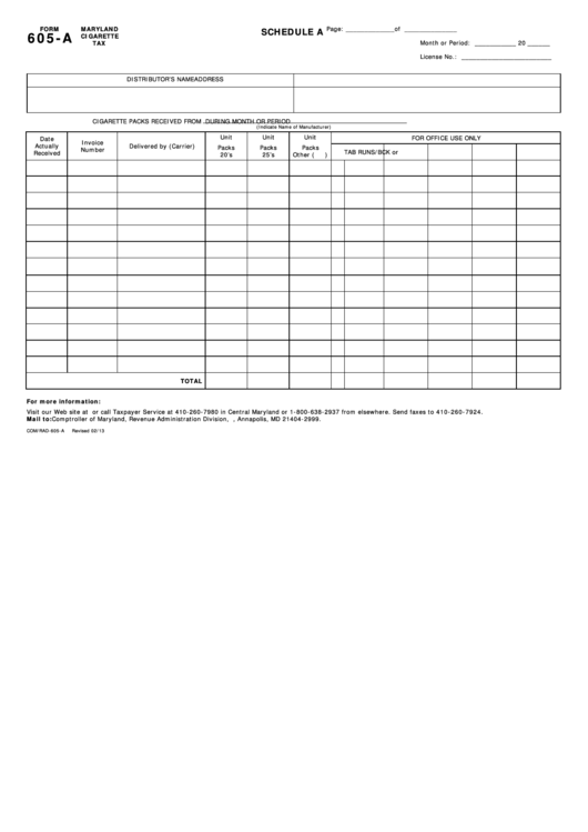 Fillable Form 605-A (Schedule A) - Maryland Cigarette Tax Printable pdf