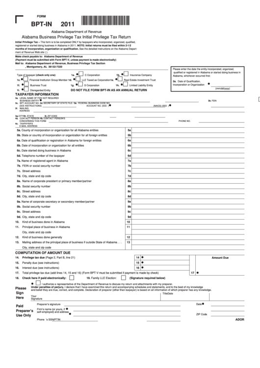 Form Bpt-In - Alabama Business Privilege Tax Initial Privilege Tax Return - 2011 Printable pdf