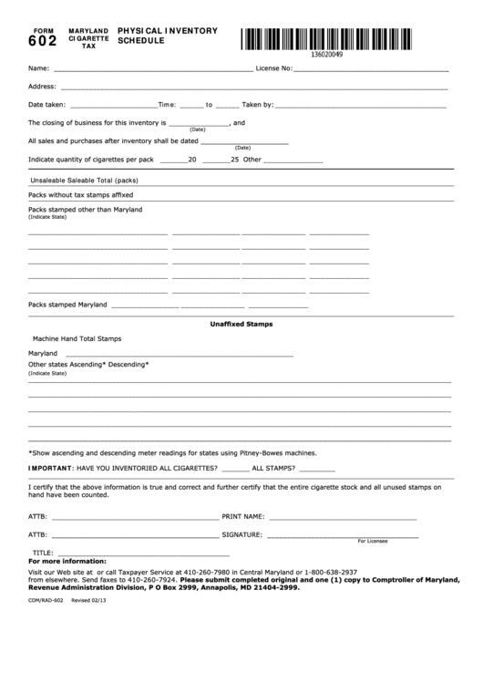 Fillable Form 602 - Maryland Cigarette Tax - Physical Inventory Schedule Printable pdf