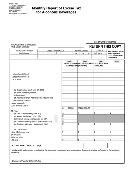 Form Dr 0442 - Monthly Report Of Excise Tax For Alcoholic Beverages Printable pdf