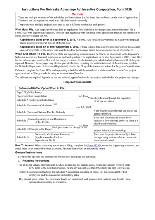 Instructions For Nebraska Advantage Act Incentive Computation, Form 312n Printable pdf