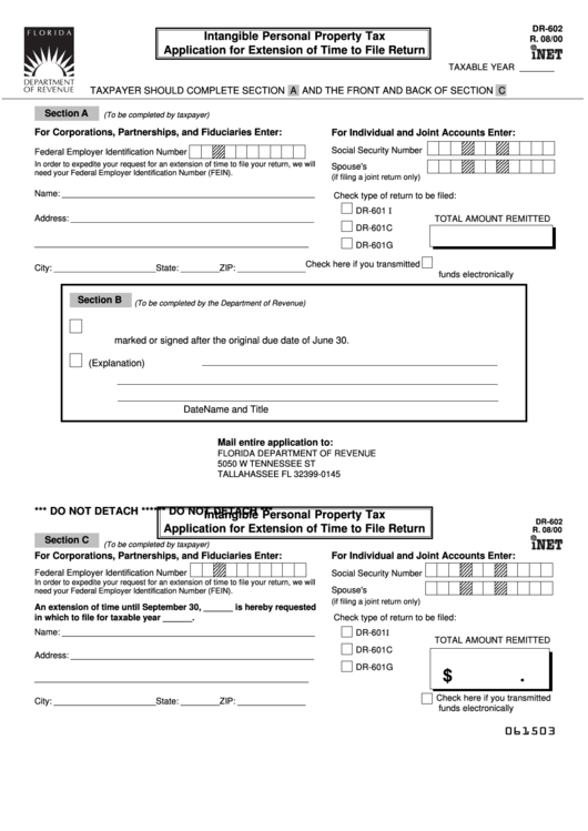 Form Dr-602 - Intangible Personal Property Tax - Application For Extension Of Time To File Return - 2000 Printable pdf