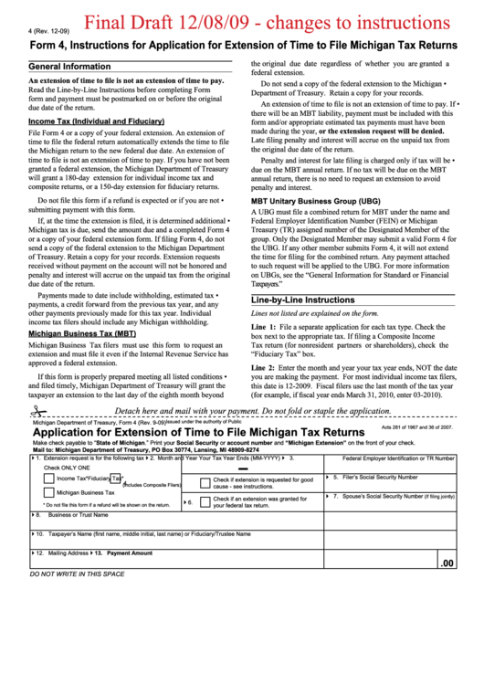 Form 4 Draft - Application For Extension Of Time To File Michigan Tax Returns Printable pdf