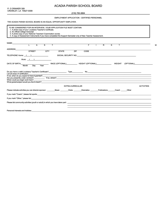 Fillable Employment Application For Certified Personnel - Acadia Parish School Board Printable pdf