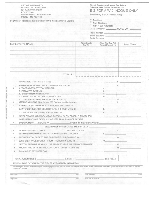 Form W-2 - City Of Wapakoneta Income Tax Return Printable pdf