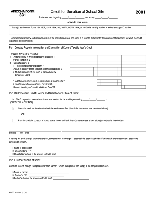 Fillable Form 331 - Credit For Donation Of School Site - 2001 Printable pdf