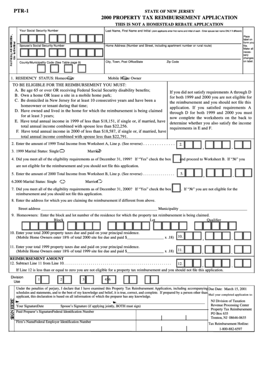 Fillable Form Ptr-1 - Property Tax Reimbursement Application - 2000 Printable pdf