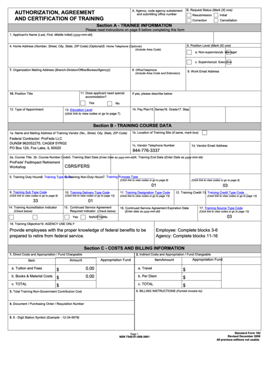 Standart Form 182 - Authorization, Agreement And Certification Of Training Printable pdf