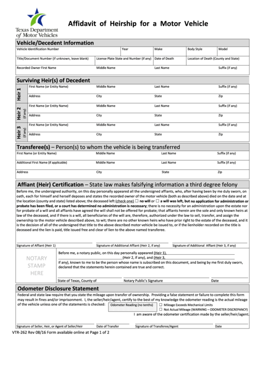 Fillable Form Vtr-262 - Affidavit Of Heirship For A Motor Vehicle Printable pdf