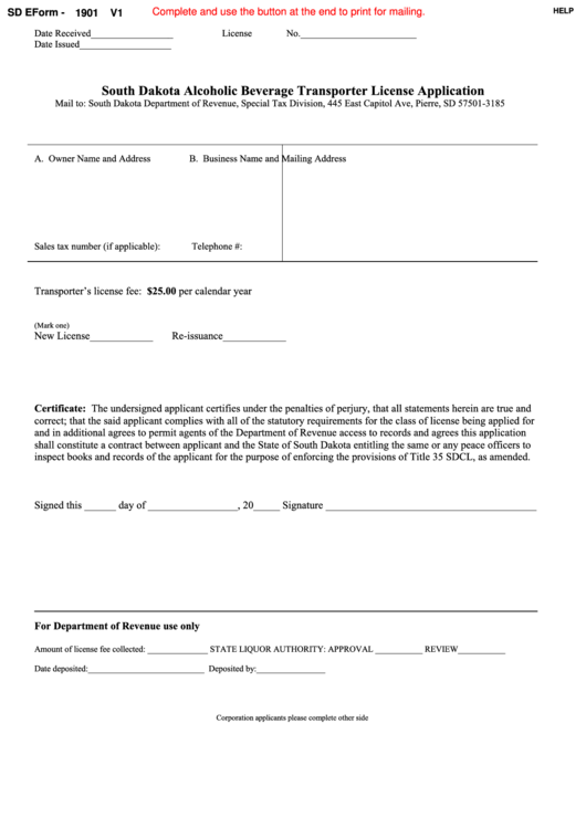 Fillable Sd Eform - 1901 V1 - South Dakota Alcoholic Beverage Transporter License Application Printable pdf