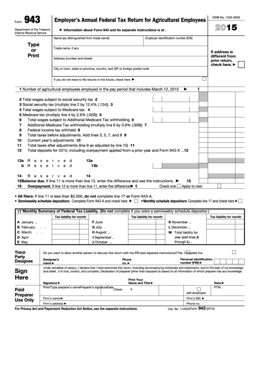 Fillable Form 943 - Employer