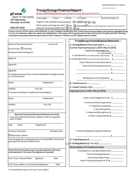 Troop/group Finance Report Form - State Of New Jersey Printable pdf