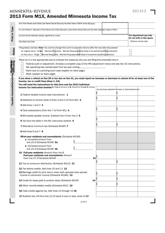 Fillable Form M1x - Amended Minnesota Income Tax - 2013 Printable pdf