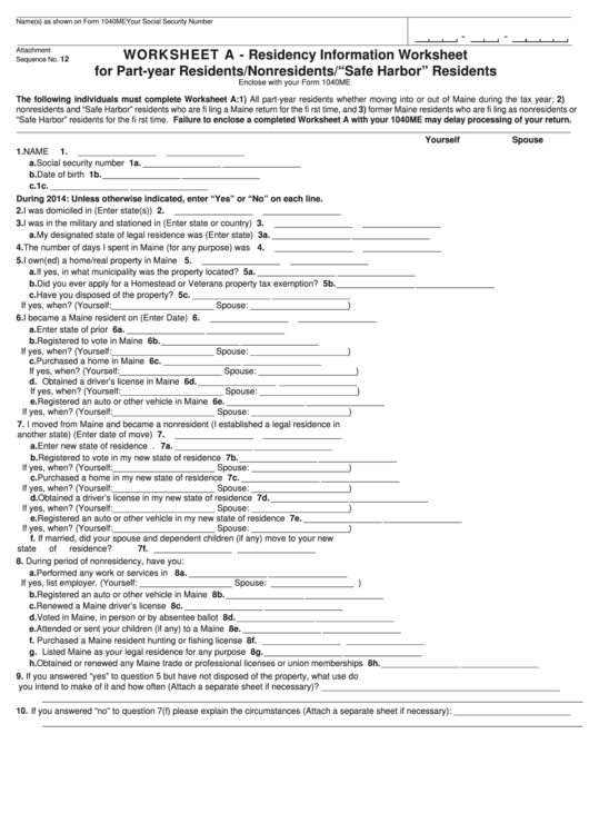 Worksheet A - Residency Information Worksheet For Part-Year Residents/nonresidents/"Safe Harbor" Residents Printable pdf