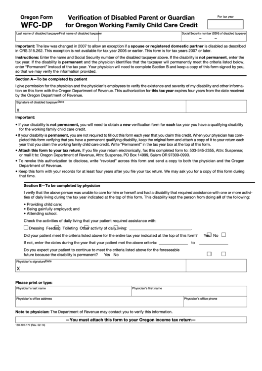 Fillable Form Wfc-Dp - Verification Of Disabled Parent Or Guardian For Oregon Working Family Child Care Credit Printable pdf