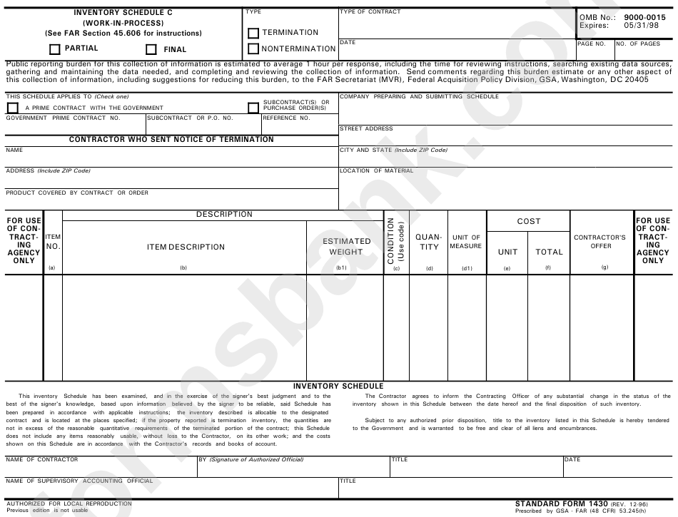 Standard Form 1430 - Inventory Schedule C (Work-In-Progress)