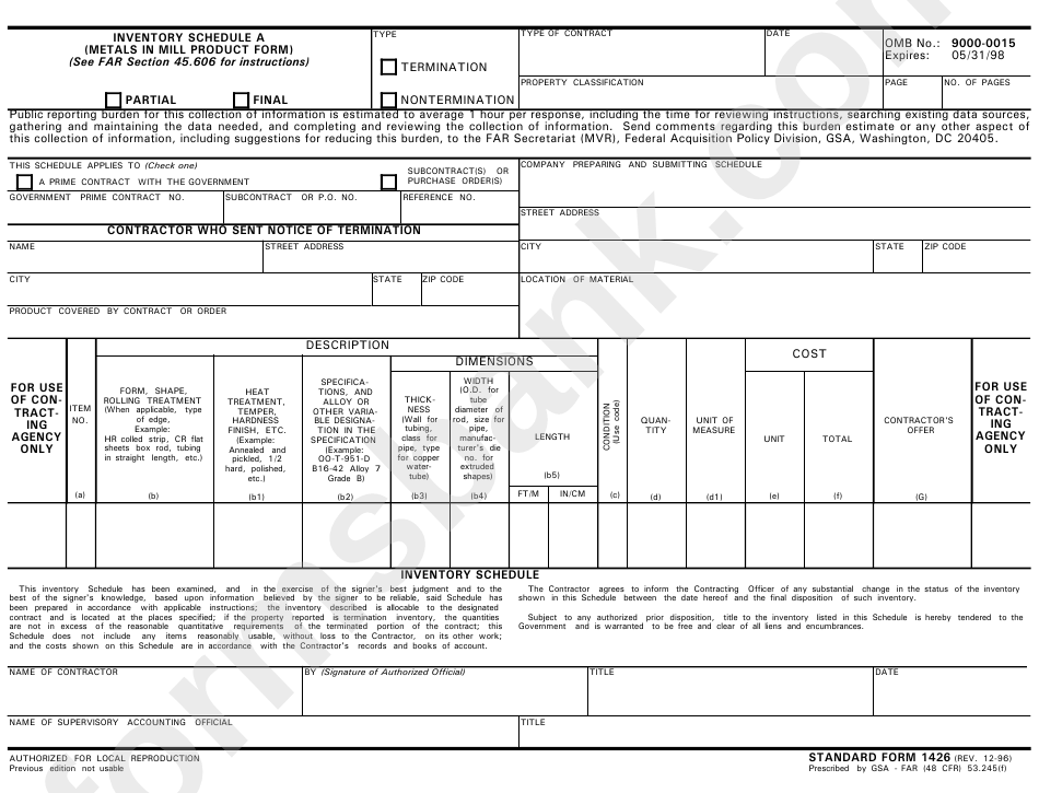 Standard Form 1426 - Inventory Schedule A (Metals In Mill Product Form ...