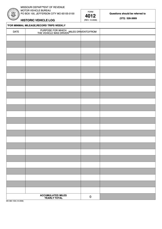 Fillable Form 4012 - Historic Vehicle Log Printable pdf