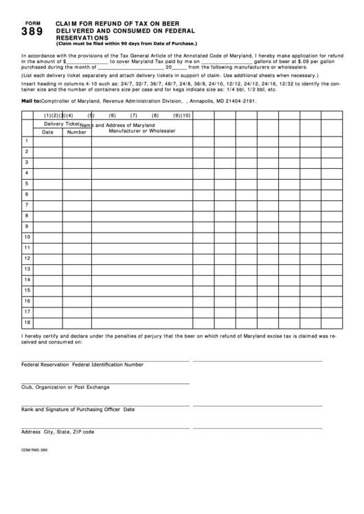 Fillable Form 389 - Claim For Refund Of Tax On Beer Delivered And Consumed On Federal Reservations Printable pdf