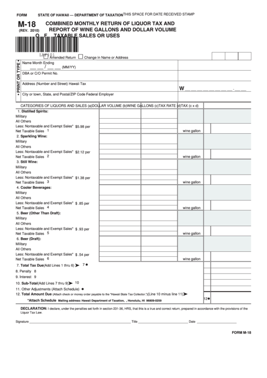 Form M-18 - Combined Monthly Return Of Liquor Tax And Report Of Wine Gallons And Dollar Volume Of Taxable Sales Or Uses