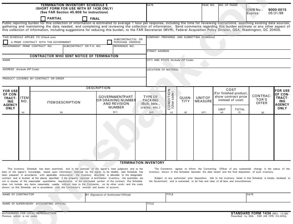 Standard Form 1434 - Termination Inventory Schedule E (Short Form For Use With Sf 1438 Only)