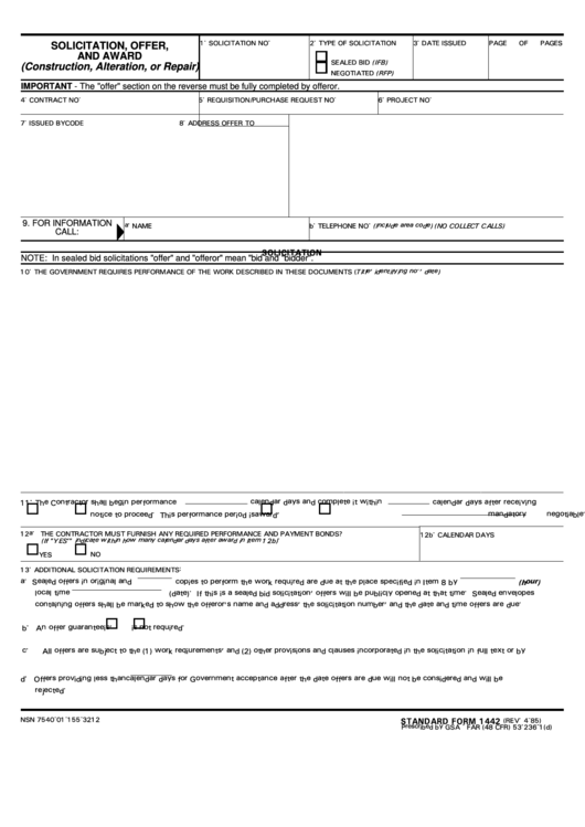 Standard Form 1442 - Solicitation, Offer, And Award (Construction, Alteration, Or Repair) Printable pdf