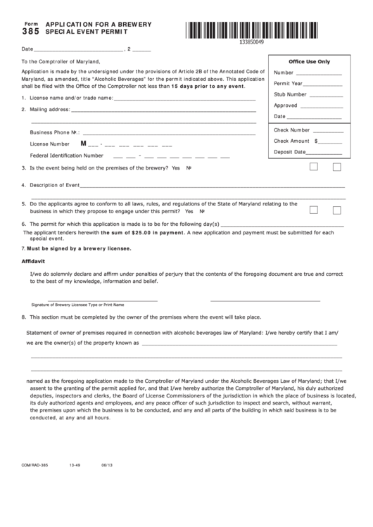 Fillable Form 385 - Application For A Brewery Special Event Permit Printable pdf