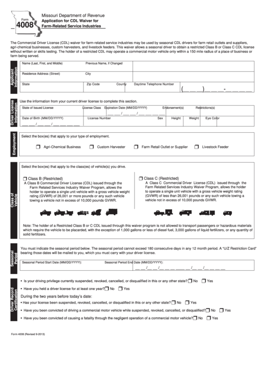 Fillable Form 4008 - Application For Cdl Waiver For Farm-Related Service Industries Printable pdf