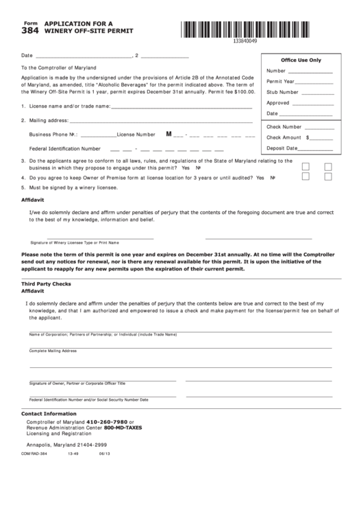 Fillable Form 384 - Application For A Winery Off-Site Permit Printable pdf