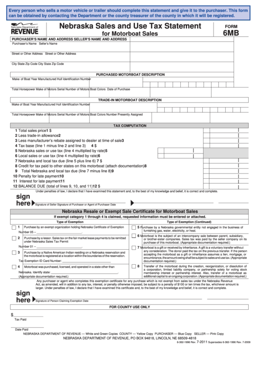 Form 6mb - Nebraska Sales And Use Tax Statement Printable pdf