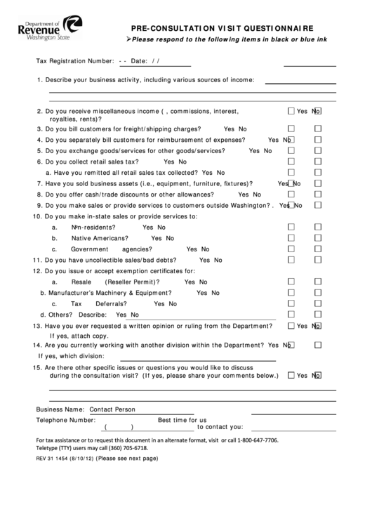 Fillable Form Rev 31 1454 - Pre-Consultation Visit Questionnaire Printable pdf